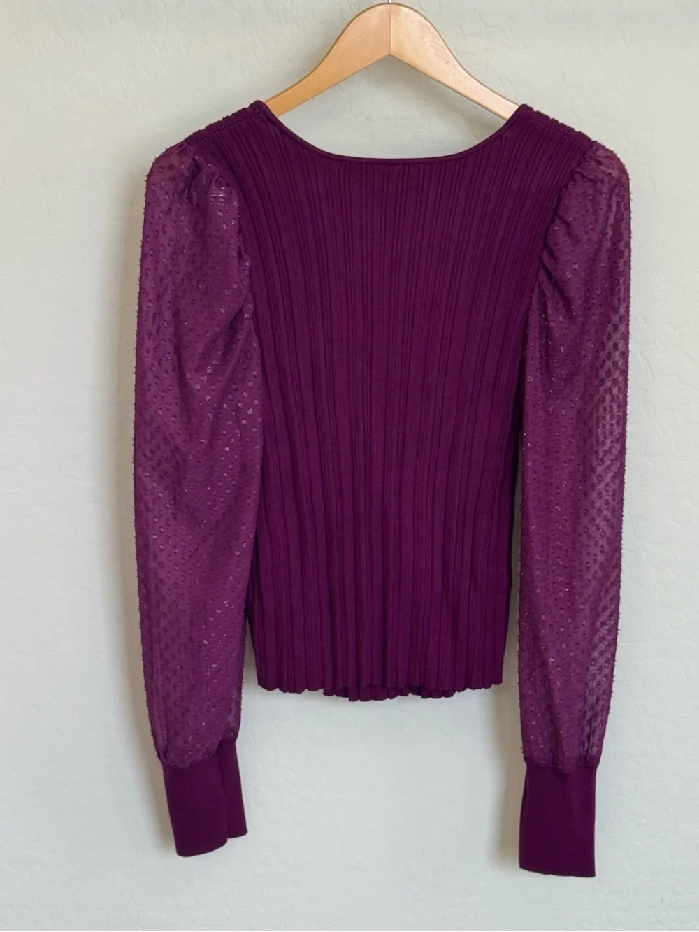 Anthropologie Ribbed Scoop Neck Shimmer Puff Sleeve Top Plum Purple Large